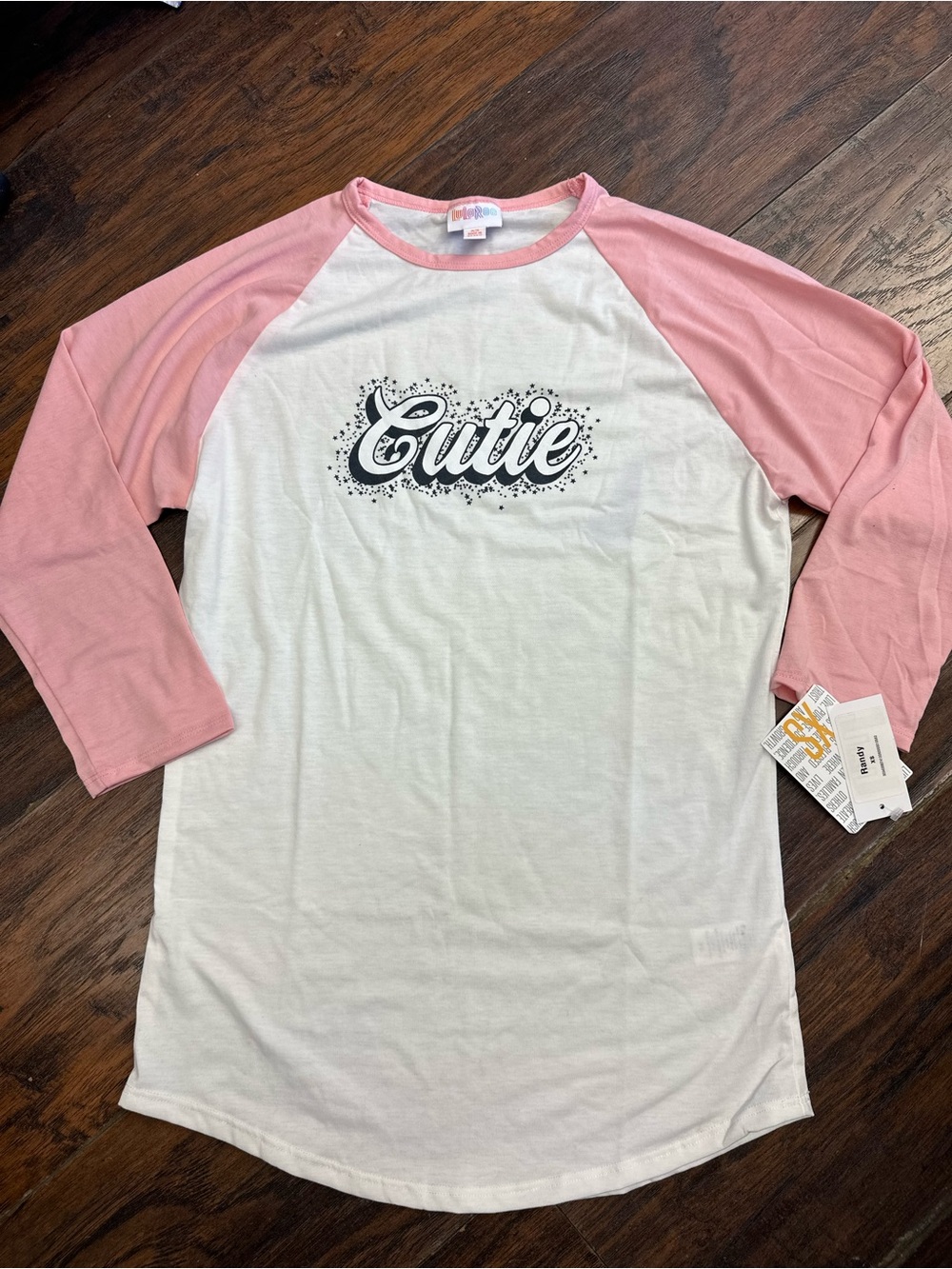 LuLaRoe Randy Shirt- “Cutie”- White w/Pink Sleeves. XS